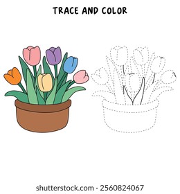 Tulip spring flowers clipart vector. Spring garden tulip flowers. Tulip flower coloring pages spring worksheets printable for kids, Kindergarten and preschool. Trace and color tulip flower worksheets.