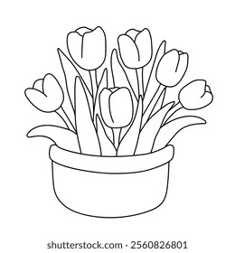 Tulip spring flowers clipart vector. Spring garden tulip flowers. Tulip flower coloring pages spring worksheets printable for kids, Kindergarten and preschool. Trace and color tulip flower worksheets.