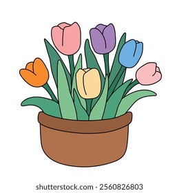 Tulip spring flowers clipart vector. Spring garden tulip flowers. Tulip flower coloring pages spring worksheets printable for kids, Kindergarten and preschool. Trace and color tulip flower worksheets.