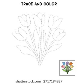 Tulip spring flowers clipart vector. Spring garden tulip flowers. Tulip flower coloring pages spring worksheets printable for kids, Kindergarten and preschool. Trace and color tulip flower worksheets.