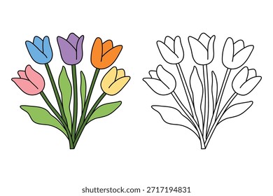 Tulip spring flowers clipart vector. Spring garden tulip flowers. Tulip flower coloring pages spring worksheets printable for kids, Kindergarten and preschool. Trace and color tulip flower worksheets.