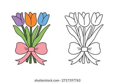 Vector Clipart de flores de primavera de tulipán. Flores de tulipán de jardín de primavera. Páginas para colorear de flores de tulipán hojas de trabajo de primavera imprimibles para niños, jardín de infantes y preescolar. Hojas de trabajo de flores de tulipán de trazas y colores.