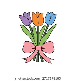 Vector Clipart de flores de primavera de tulipán. Flores de tulipán de jardín de primavera. Flor del tulipán aislada en el fondo blanco. Ramo de tulipanes con lazo.