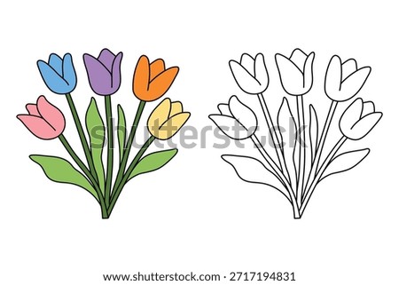 Tulip spring flowers clipart vector. Spring garden tulip flowers. Tulip flower coloring pages spring worksheets printable for kids, Kindergarten and preschool. Trace and color tulip flower worksheets.