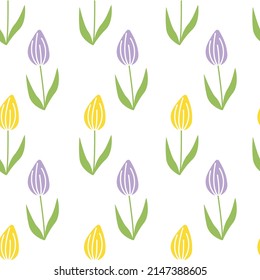 Tulip. Spring seamless pattern with purple and yellow flowers. Flat, cartoon, vector