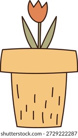 Tulipán que brota de una maceta con contorno audaz y superficie texturizada. Símbolo de crecimiento, decoración del hogar y encanto de la naturaleza. Ilustración vectorial de dibujos animados.