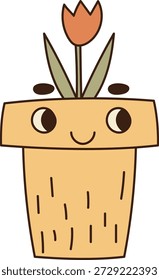 Tulipán que brota de una maceta sonriente con ojos grandes y líneas limpias. Símbolo de crecimiento, positividad y encanto de la decoración del hogar. Ilustración vectorial de dibujos animados.