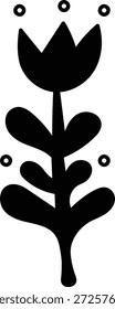 Tulip stem with heart leaves and dotted accents in bold silhouette. Symbol of nature, folklore charm, and home decor motif for branding and craft. Cartoon vector illustration.