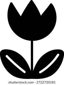 Tulpe mit Stamm und zwei Blättern in kräftiger Silhouette, geometrische Blütenblätter und saubere Form. Symbol des Frühlings, des Wachstums, der Reinheit und der Eleganz der Natur. Cartoon, Vektorgrafik.