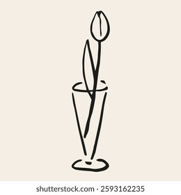 Tulip in tall glass. Conceptual, naive flower sketch. Hand drawn ink vector illustration. Element for poster, social media, banners, invitation. Trendy spring card template. 
