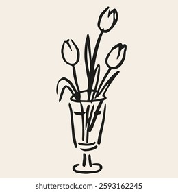 Tulip in tall glass. Conceptual, naive flower sketch. Hand drawn ink vector illustration. Element for poster, social media, banners, invitation. Trendy spring card template. 