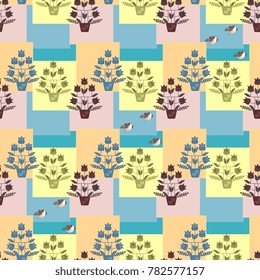 Tulip trees in flowerpots and funny birds on multicolor abstract geometric background. Seamless spring pattern. Curtain, wallpaper, print for fabric.