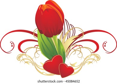 Tulip, two hearts and gothic ornament. Vector