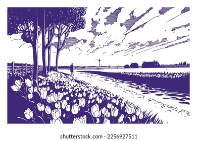 Tulip Valley with Dutch landscape, monochrome retro style. Vector illustration with tulip fields landscape.