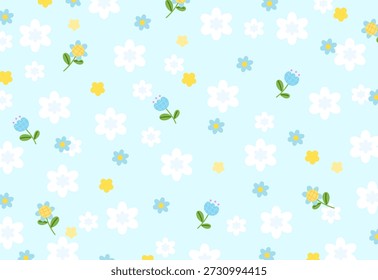 Tulipa e vários padrões de flores no fundo azul pastel para a primavera, papel de parede de verão, impressão de tecido, padrão floral, têxtil, natureza, jardim, pano de fundo, vestuário, cobertor de piquenique, edredom, caso do telefone