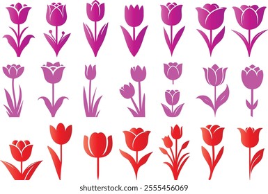 Tulip vector collection, vibrant tulip flowers, purple and red tulip designs, spring floral clipart, minimalist flower icons, tulip for design projects, invitations, and creative branding material