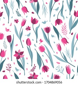 Tulip vector seamless pattern on white background. Tulips flat illustration icon of tulip. 8 March day. Women s day. Vector surface illustration.