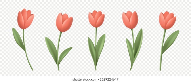 Tulip Vector Set. Realistic Tulip Vector Illustration in Red and Pink Colors. Spring Tulip Vector Clipart for Floral Design. Modern Tulip Symbol for Decoration, Greeting Card, Wedding