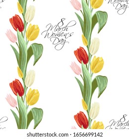 Tulip vertical stripes pattern for women day greetings. Seamless background for spring holidays. Floral print with bouquet of blossom tulips and text signs.