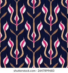 Tulpenwijnstokken op marineblauwe stof, met roze en gouden accenten, grunge lijnen ikat patroon, ikat naadloos patroon, Vector illustratie achtergrond voor het afdrukken van het papier.
