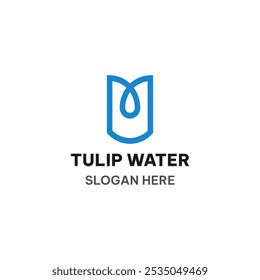 Plantilla del logotipo de Tulip Water en estilo de línea simple. Flor y Ilustración vectorial de gota de agua