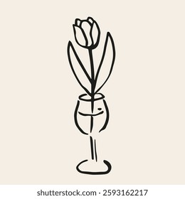 Tulip in wine glass. Conceptual, naive flower sketch. Hand drawn ink vector illustration. Element for poster, social media, banners, invitation. Trendy spring card template. 