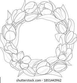 Tulip wreath black and white illustration for coloring