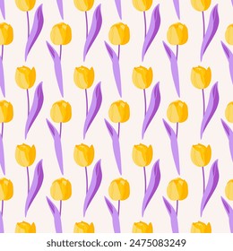 Tulip yellow flower, seamless pattern. Summer floral vector illustration, beige background. Bright spring botanical print, modern style design