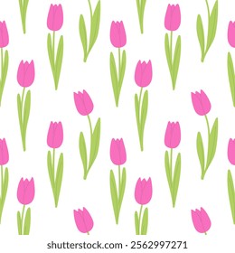 Tulipes pink pattern, hand drawing flowers with leaves, on white background. Design for romantic, lovers and Valentines day, wedding.