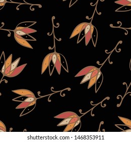 Tulips, autumn colors, abstract, doodle, fantasy, on black background. Vector seamless pattern.