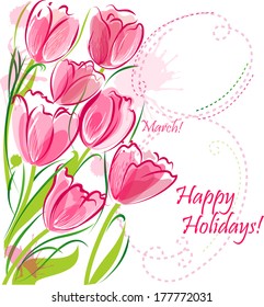 Tulips background in watercolor style, greeting card for 8 March holiday.