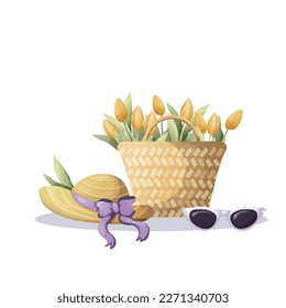 tulips in a bag with a hat and glasses. spring illustration concept. vector over white background. cartoon style