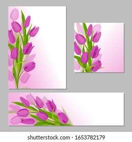 Tulips beautiful background. Set of spring card design. Tulips in fuchsia color. Background for your design, decor. Vector image