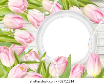Tulips with blank picture frame on white wooden background. Romantic picture. EPS 10 vector file included