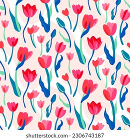 Tulips in bloom, vector seamless pattern with flowers in bright pink colors. Summer floral print and background