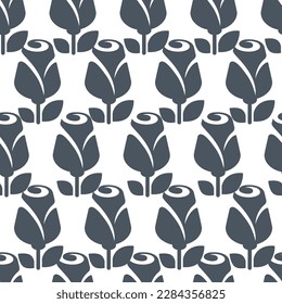 Tulips in blossom, spring or summer flowers with stem and petals, flowering and bloom. Seasonal decoration and adornment. Seamless pattern, print or background. Vector in flat style illustration