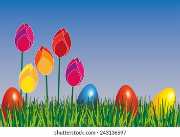 tulips with blossoms and easter eggs in different colors