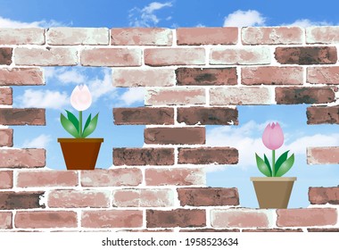 Tulips and blue sky vector seen from the brick wall