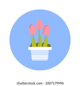 Tulips Bouqet Icon On Blue Round Background Isolated Vector Illustration