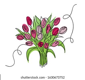 Tulips bouquet, bloom  vector sketch, doodle.  One continuous line drawing spring flowers.  Tulips bouquet illustration.