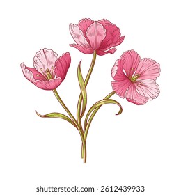 Tulips bouquet, bunch of bright pink flowers . Beautiful spring blooms with leaves for Easter, Mother Day or Canadian Tulip Festival decor. Hand drawn vintage elements. Vector illustration for design