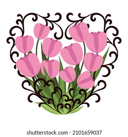 Tulips, bouquet with decorative elements, vector illustration isolated on white background.