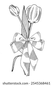 Tulips Bouquet. Floral Flower arrangement of spring flowers tied with ribbon. Emblem for Flower shop, logo or packaging design. Vector Hand drawn illustration in sketch style.