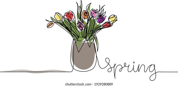 Tulips bouquet flowers doodle. Continuous one line drawing of spring flowers and lettering text.
