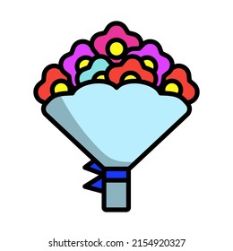 Tulips Bouquet Icon With Tied Bow. Editable Bold Outline With Color Fill Design. Vector Illustration.