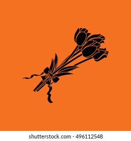 Tulips bouquet icon with tied bow. Orange background with black. Vector illustration.