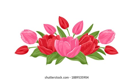 El ramo de los tulipanes está aislado en un fondo blanco. Flores rojas y rosadas de primavera y hojas verdes. Ilustración vectorial en estilo plano de caricatura. Elemento para la tarjeta de felicitación de diseño.