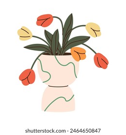 Tulips bouquet with leaves in pottery vase. Cut flowers in modern floral pot. Home interior decoration in minimal style with plants, flora. Flat isolated vector illustration on white background