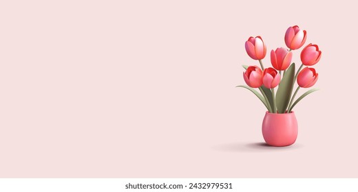 Tulips bouquet in a pot. Realistic 3d render composition in pink colors