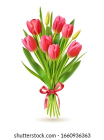 Tulips bouquet. Realistic 3d spring holland flowers for international woman day 8 march, mother and victory day greeting card vector image